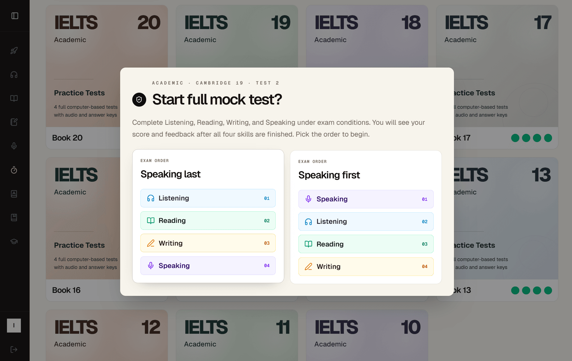 IELTS Studio full mock test order selection screen