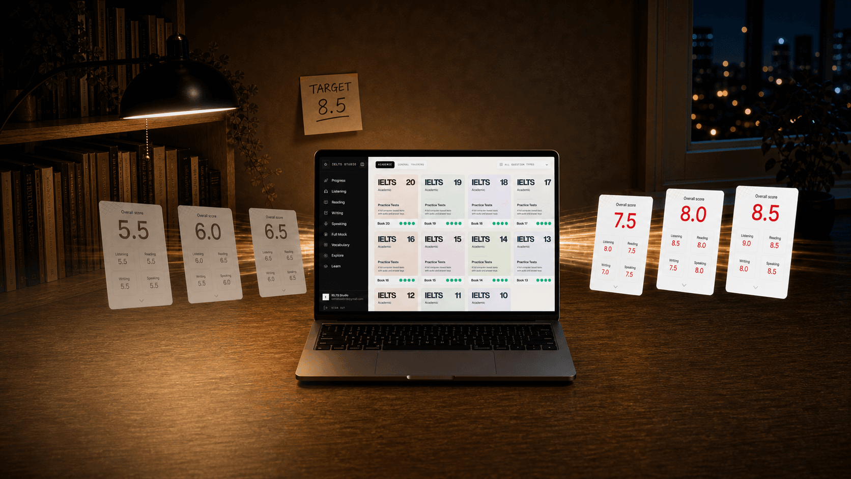 The IELTS Studio app on a laptop with score reports improving toward Band 8.5.