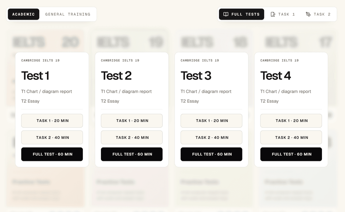 IELTS Studio individual writing test selection screen