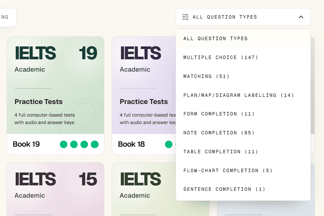 IELTS Studio question type filter dropdown on the book selection screen