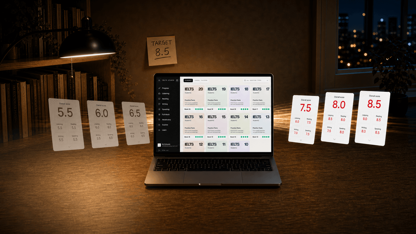 The IELTS Studio app on a laptop with score reports improving toward Band 8.5.