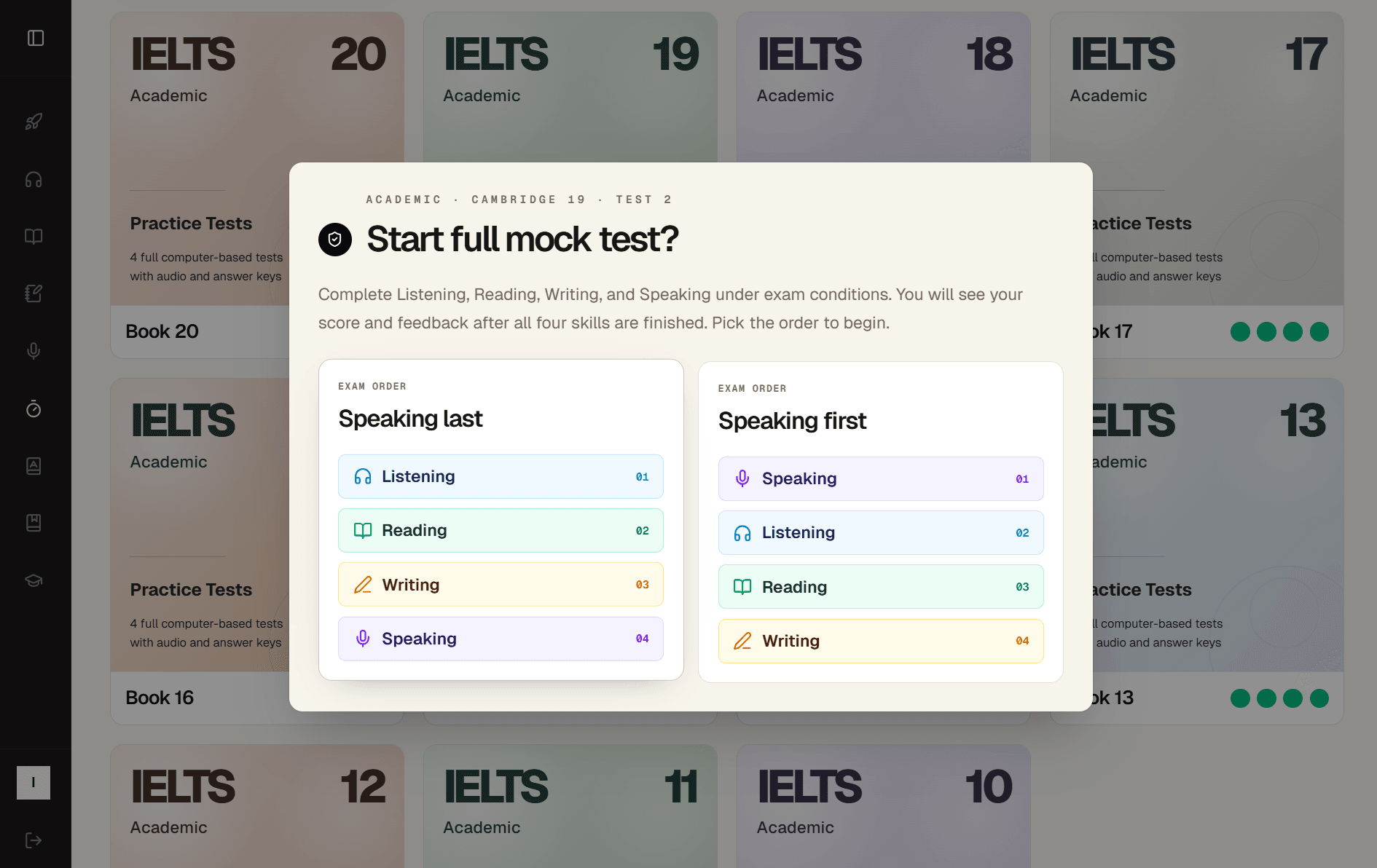 IELTS Studio full mock test order selection screen