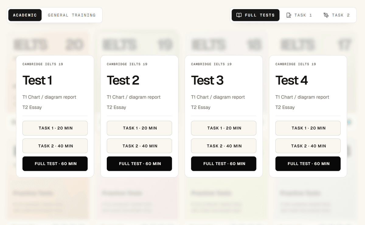 IELTS Studio individual writing test selection screen