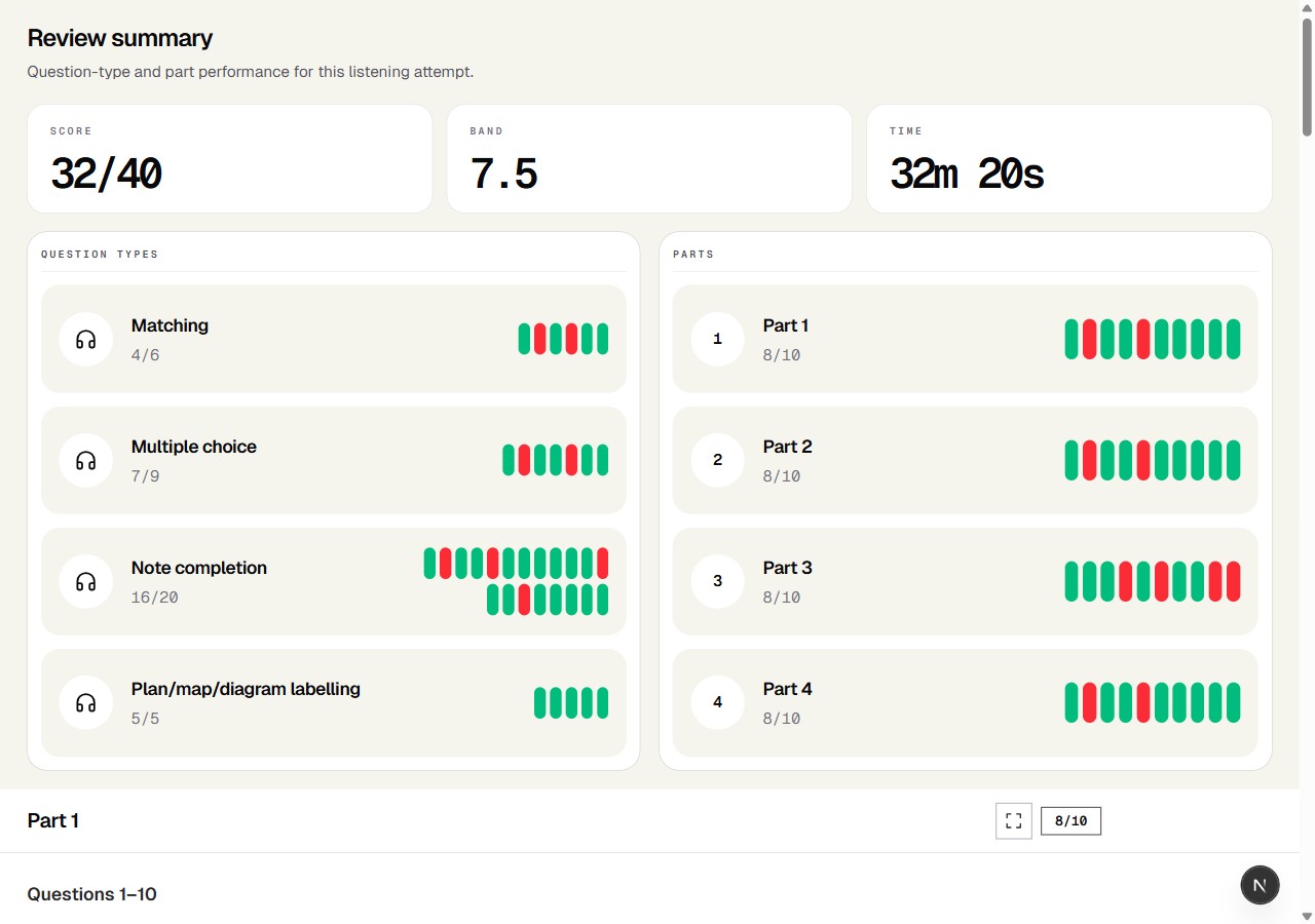 Screenshot preview of the IELTS Studio listening feedback UI
