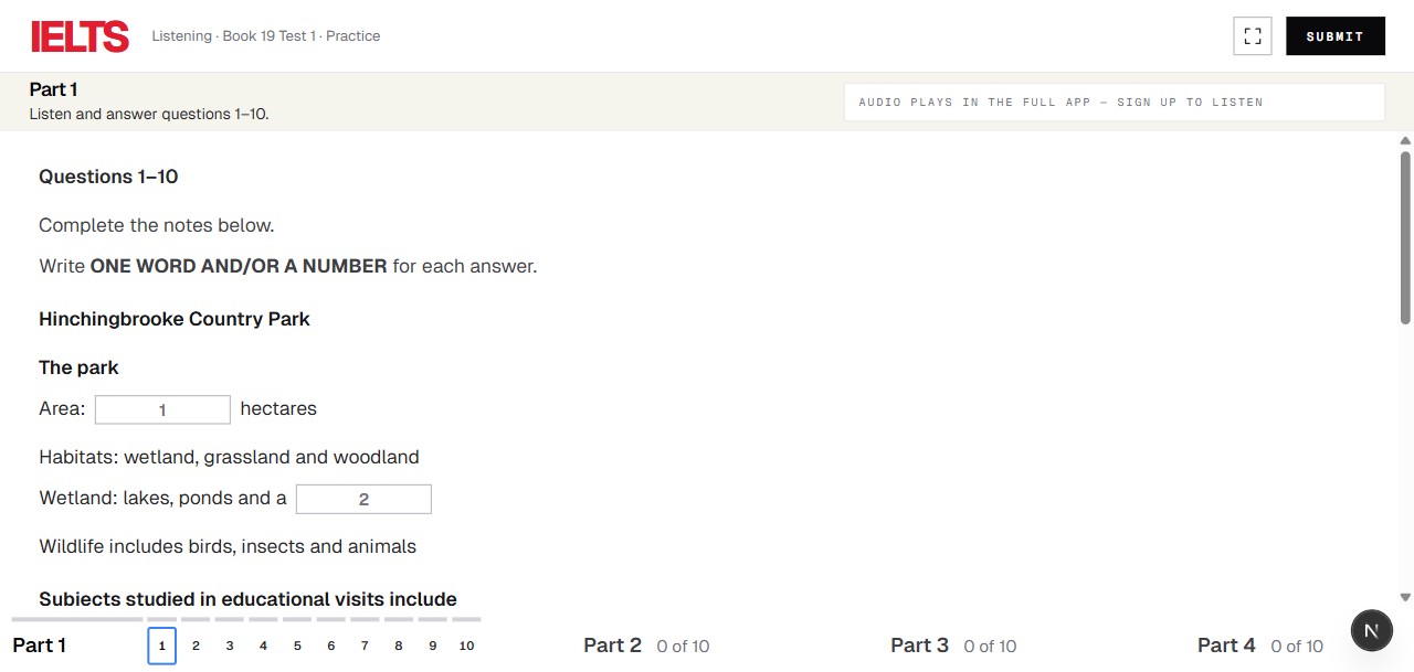 Screenshot preview of the IELTS Studio listening test UI