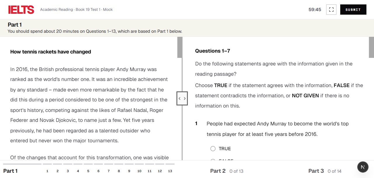 Screenshot preview of the IELTS Studio reading test UI