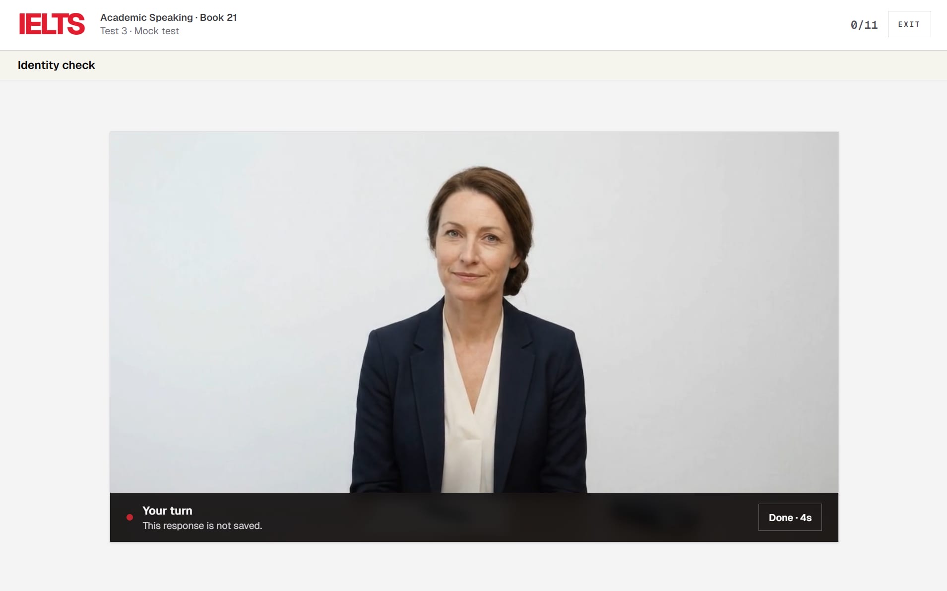 Screenshot preview of the IELTS Studio speaking mock test with a video examiner