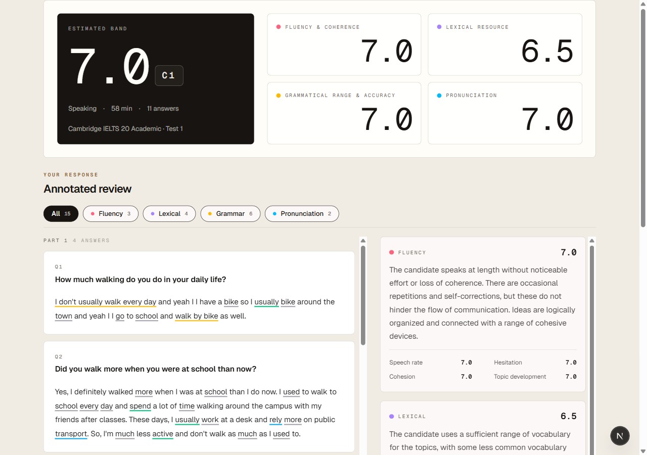 Screenshot preview of the IELTS Studio speaking feedback UI
