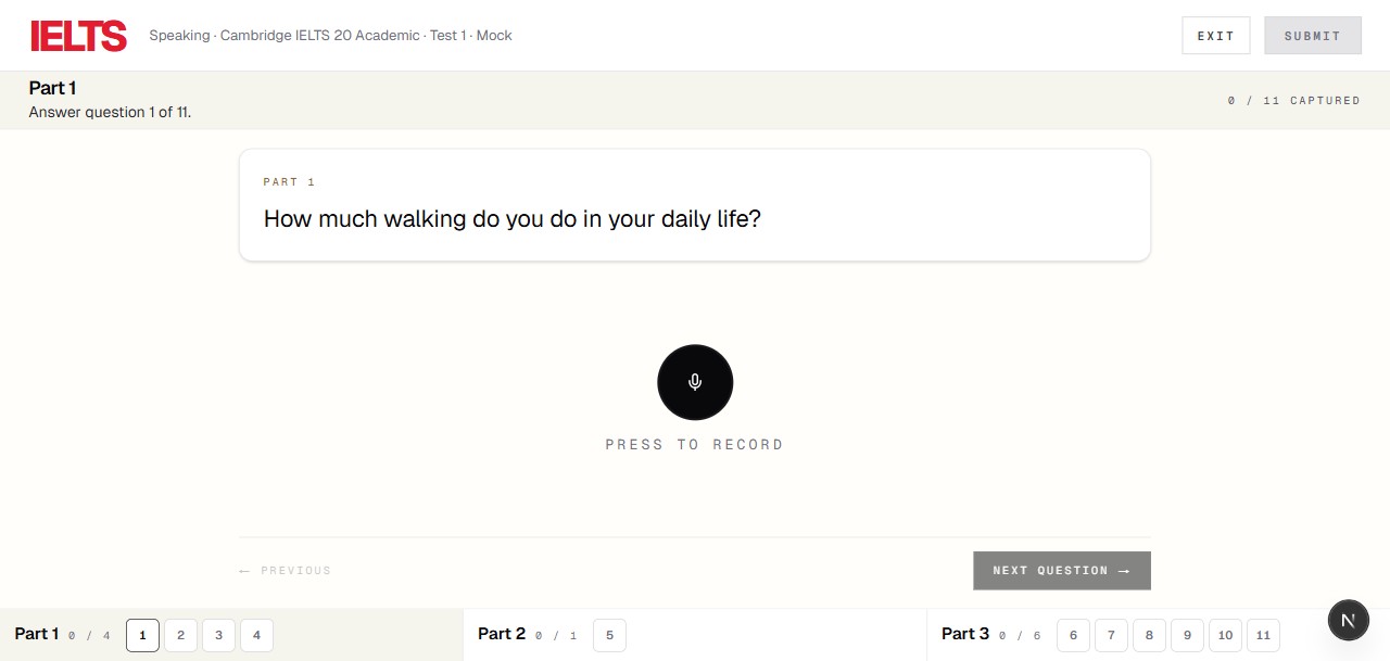 Screenshot preview of the IELTS Studio speaking test UI