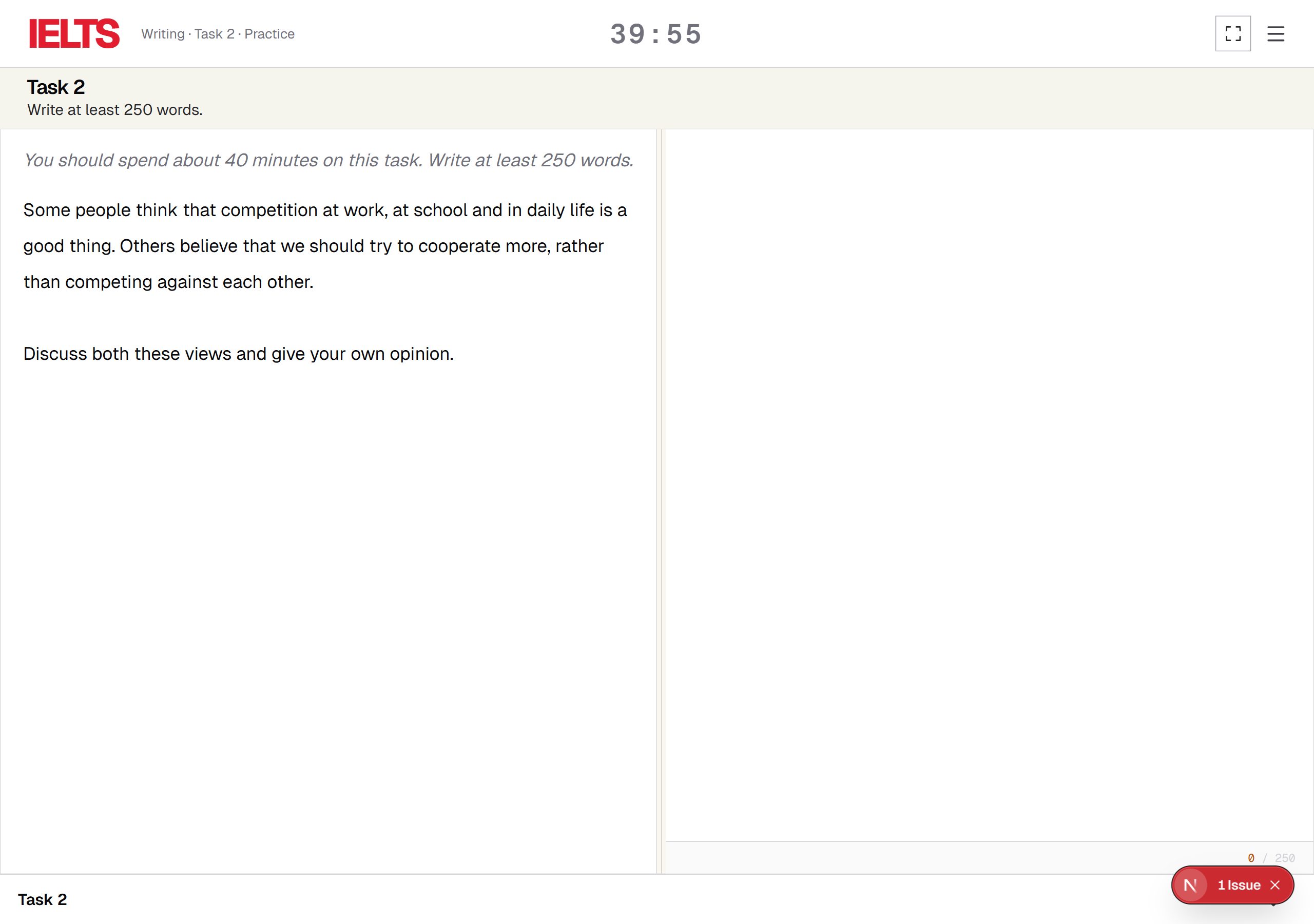 Screenshot preview of the IELTS Studio writing test UI