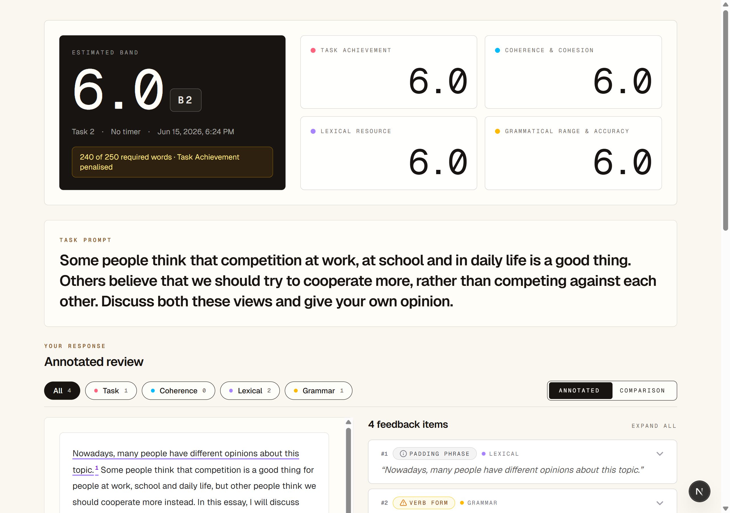 Screenshot preview of the IELTS Studio writing feedback UI