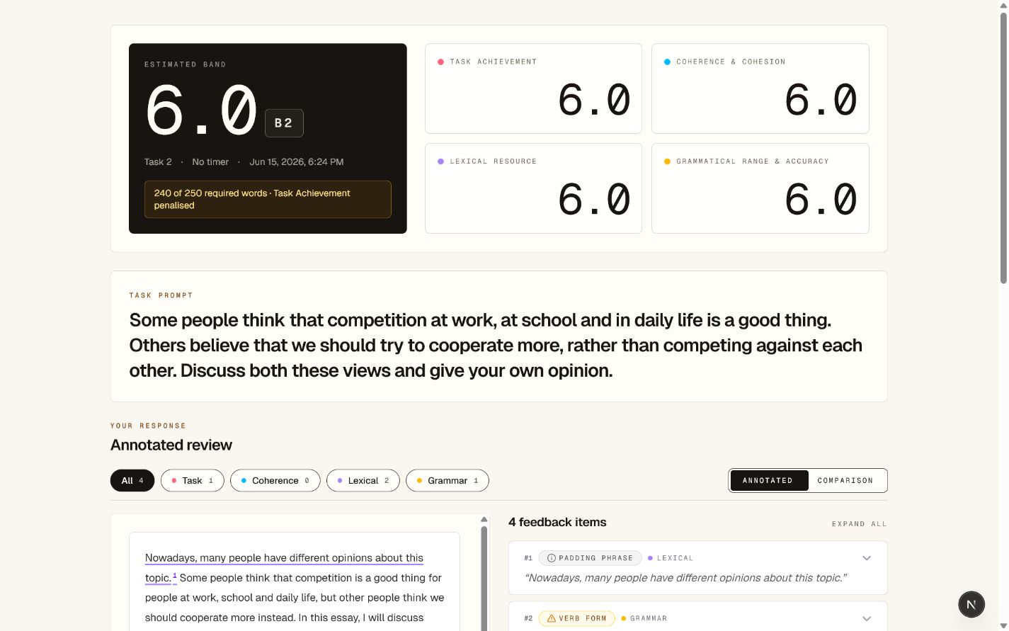 Screenshot preview of the IELTS Studio writing feedback UI