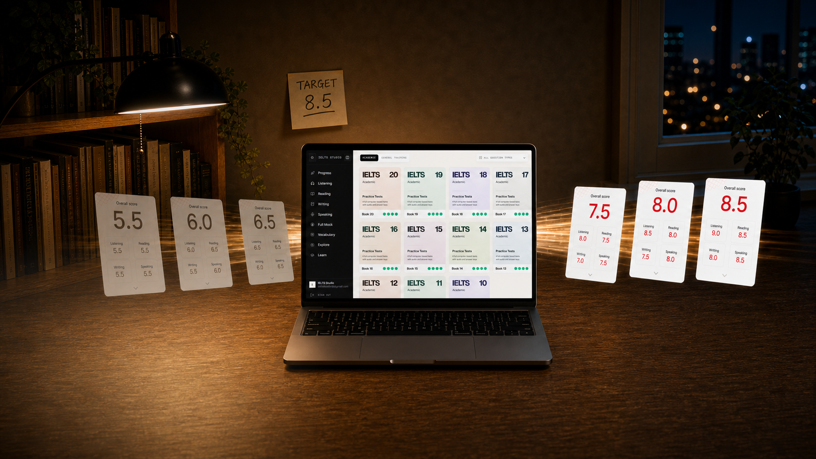 The IELTS Studio app on a laptop with score reports improving toward Band 8.5.
