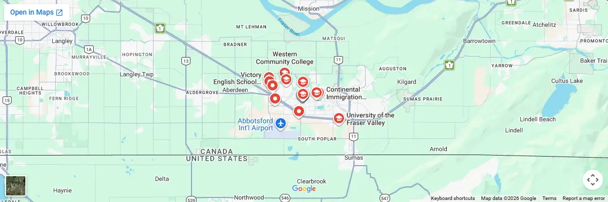 Map of IELTS test centres in Abbotsford
