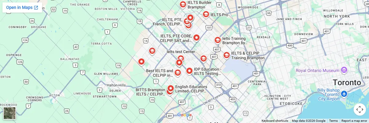 Map of IELTS test centres in Brampton