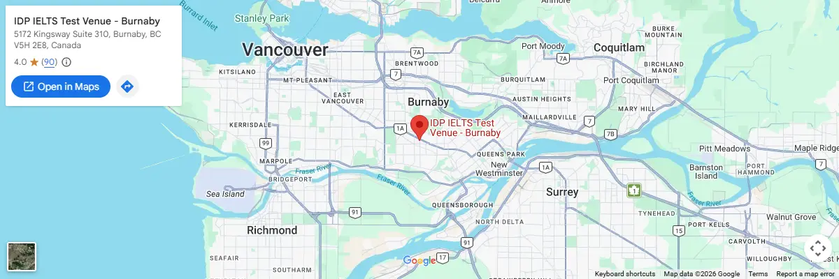 Map of IELTS test centres in Burnaby