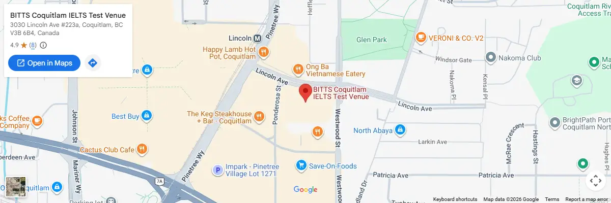 Map of IELTS test centres in Coquitlam