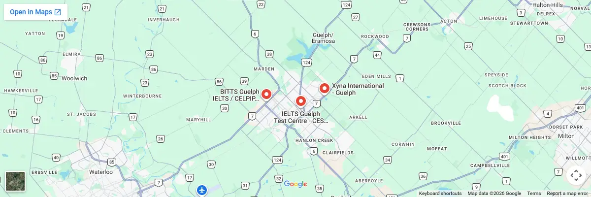 Map of IELTS test centres in Guelph