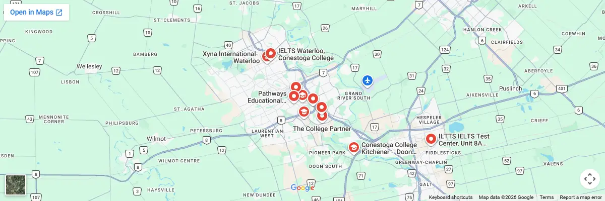 Map of IELTS test centres in Kitchener