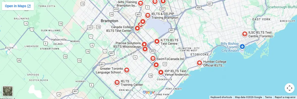 Map of IELTS test centres in Mississauga