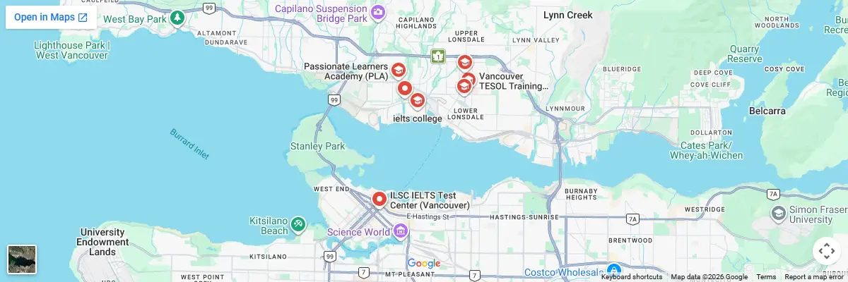 Map of IELTS test centres in North Vancouver