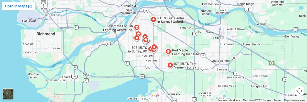 Map of IELTS test centres in Surrey