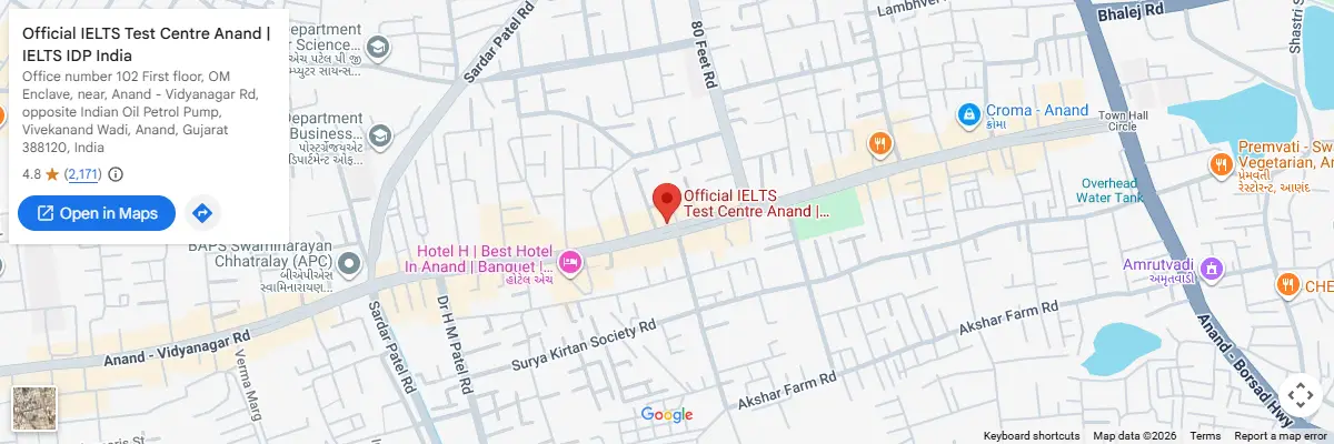 Map of IELTS test centres in Anand
