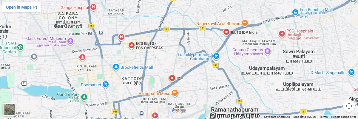 Map of IELTS test centres in Coimbatore