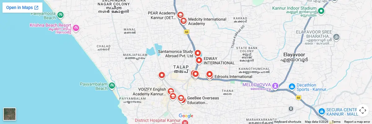 Map of IELTS test centres in Kannur