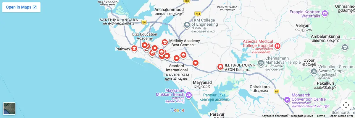 Map of IELTS test centres in Kollam