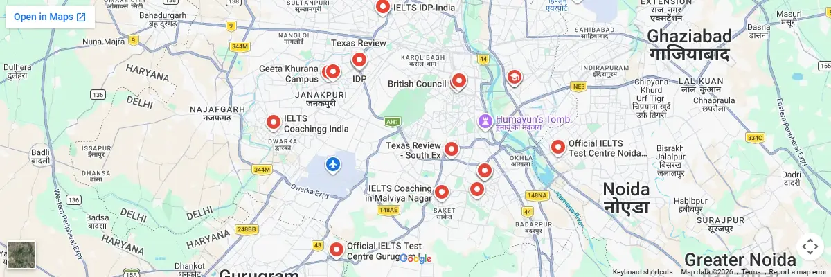 Map of IELTS test centres in New Delhi