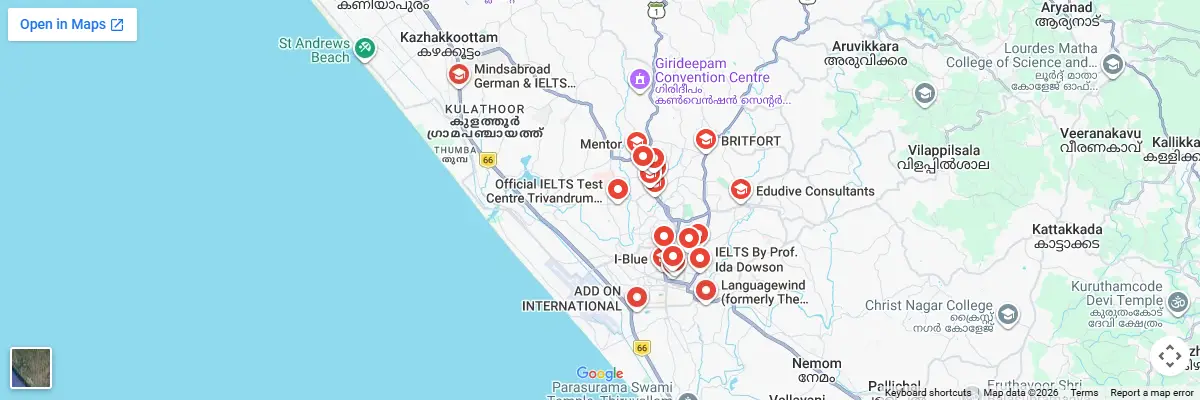Map of IELTS test centres in Thiruvananthapuram