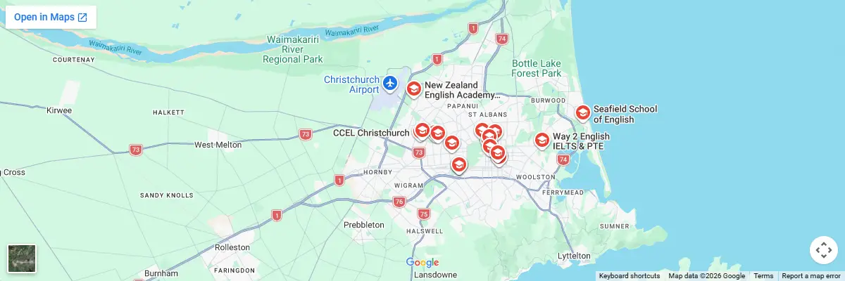 Map of IELTS test centres in Christchurch