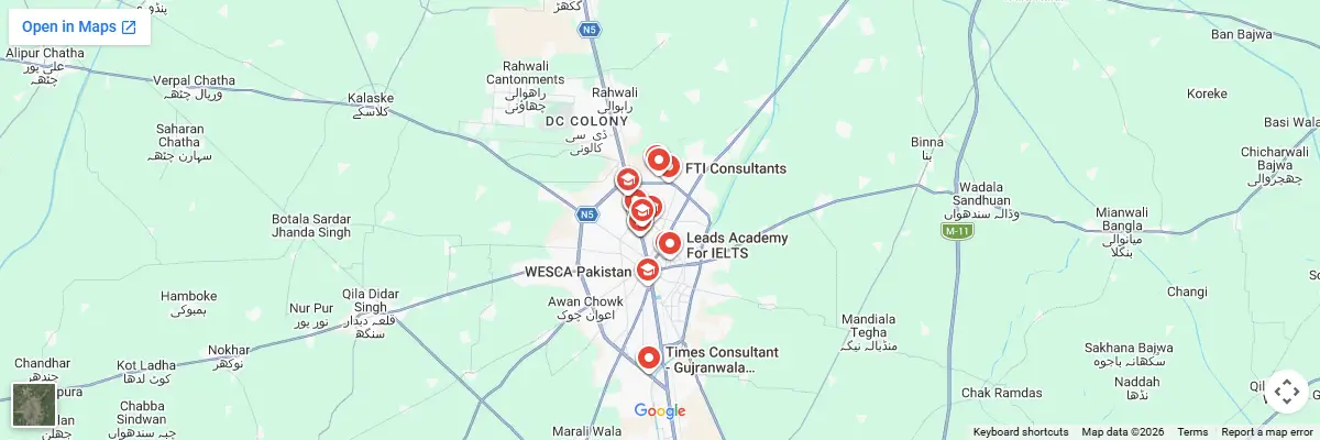 Map of IELTS test centres in Gujranwala